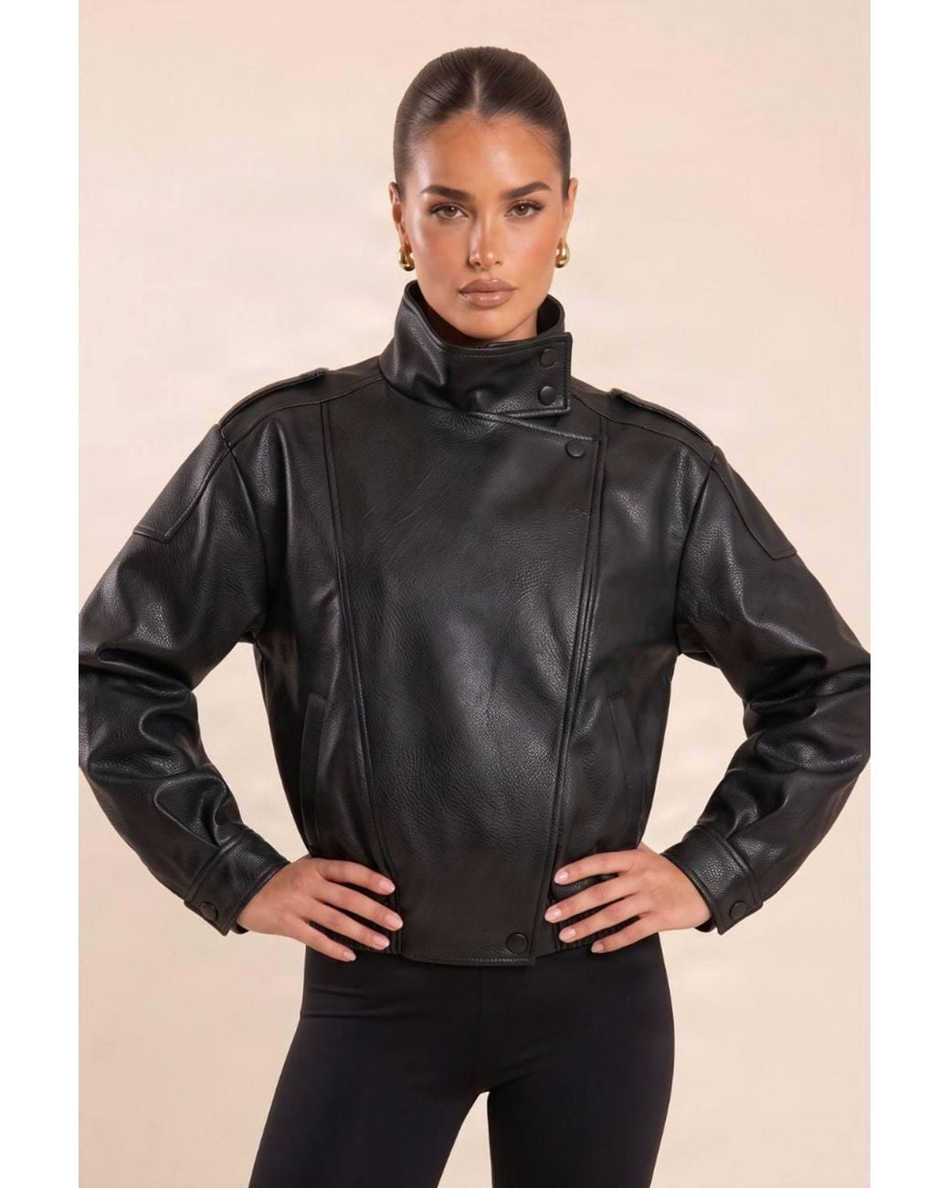 Rebellious Fashion Black Deanna Faux Leather Funnel Neck Oversized Bomber Jacket