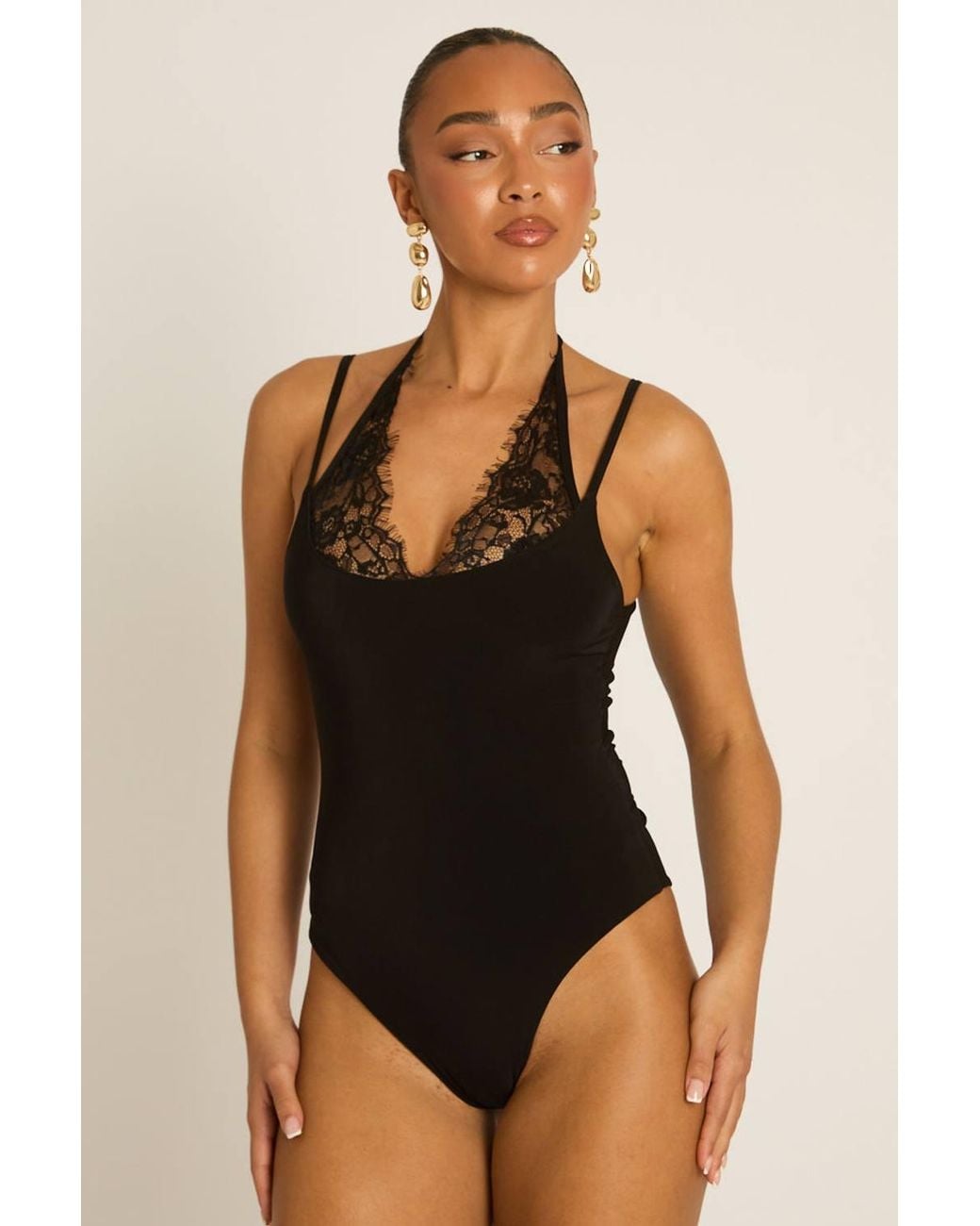 Rebellious Fashion Black Lace Trim Halter Bodysuit