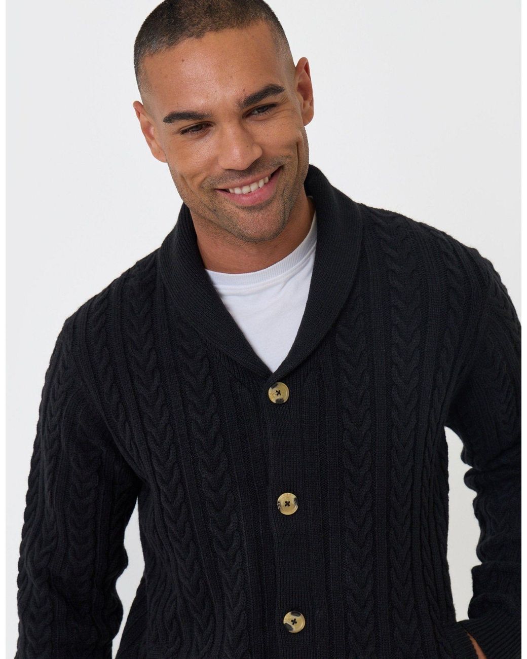 Threadbare Blue Cable Knit Shawl Cardigan for men