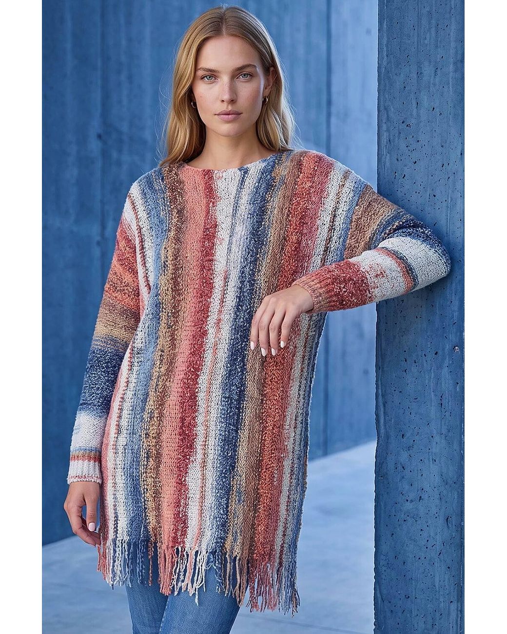 Roman Blue Boucle Fringe Knit Jumper