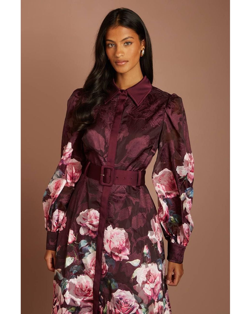 Coast Brown Petite Printed Jacquard Shirt Dress With Belt
