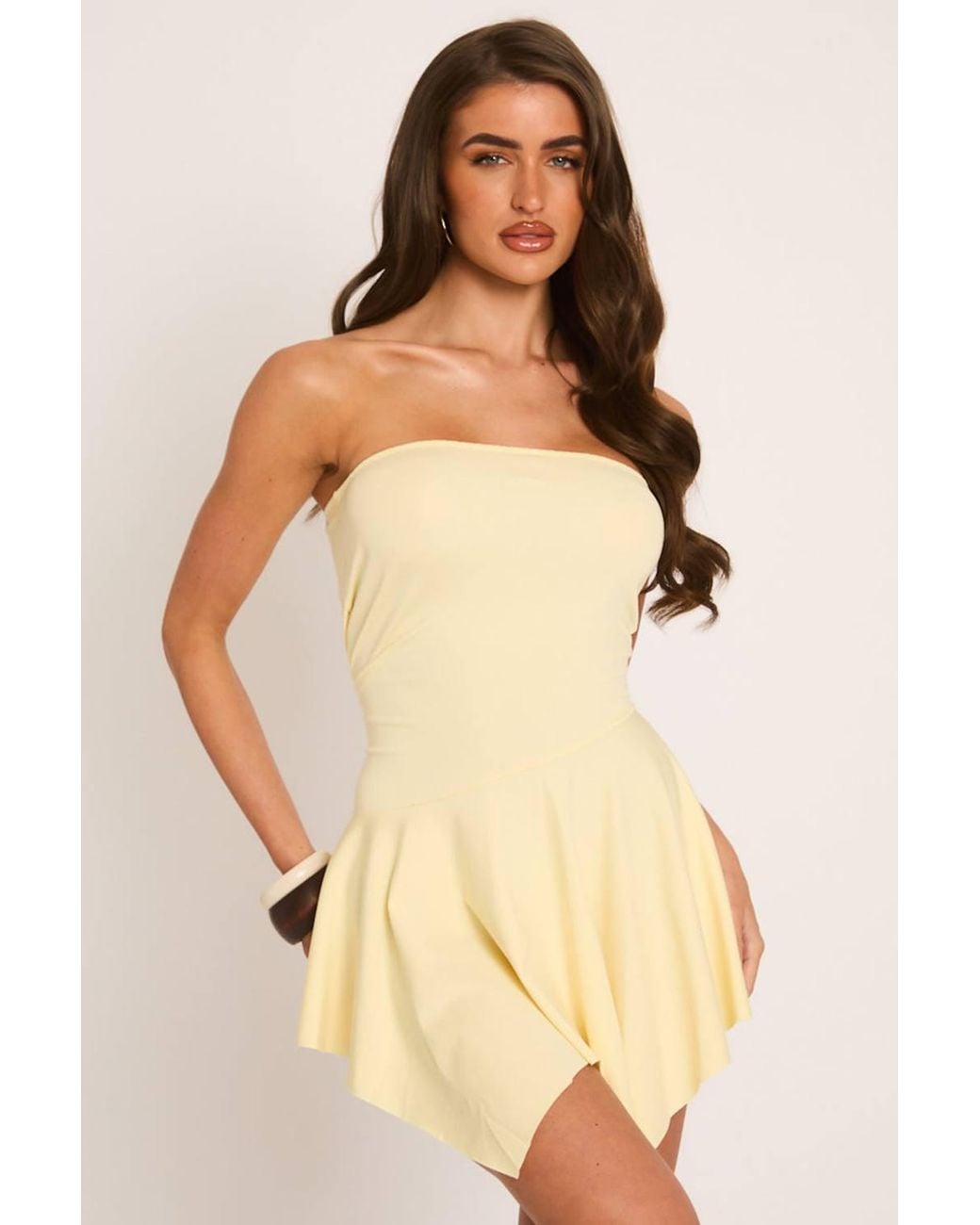 Rebellious Fashion Natural Bandeau Asymmetric Frill Hem Mini Dress