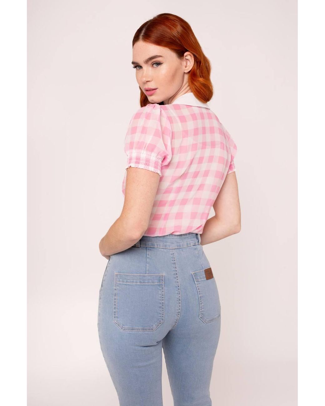 Hell Bunny Pink Cindy Gingham Chiffon Blouse With Puff Sleeves & Bow Collar