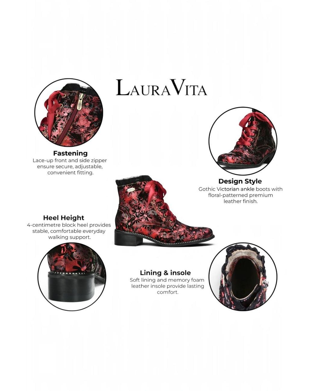 Infinity Leather Red Floral Gothic Victorian Leather Heeled Boots