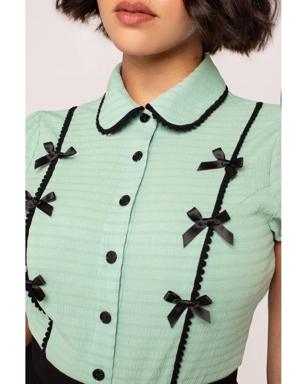 Hell Bunny Green Casey Semi Fitted Curved Collar Blouse