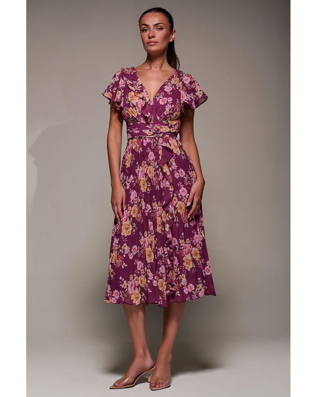 Jolie Moi Pink Printed Ruffle Detail Pleated Chiffon Midi Dress
