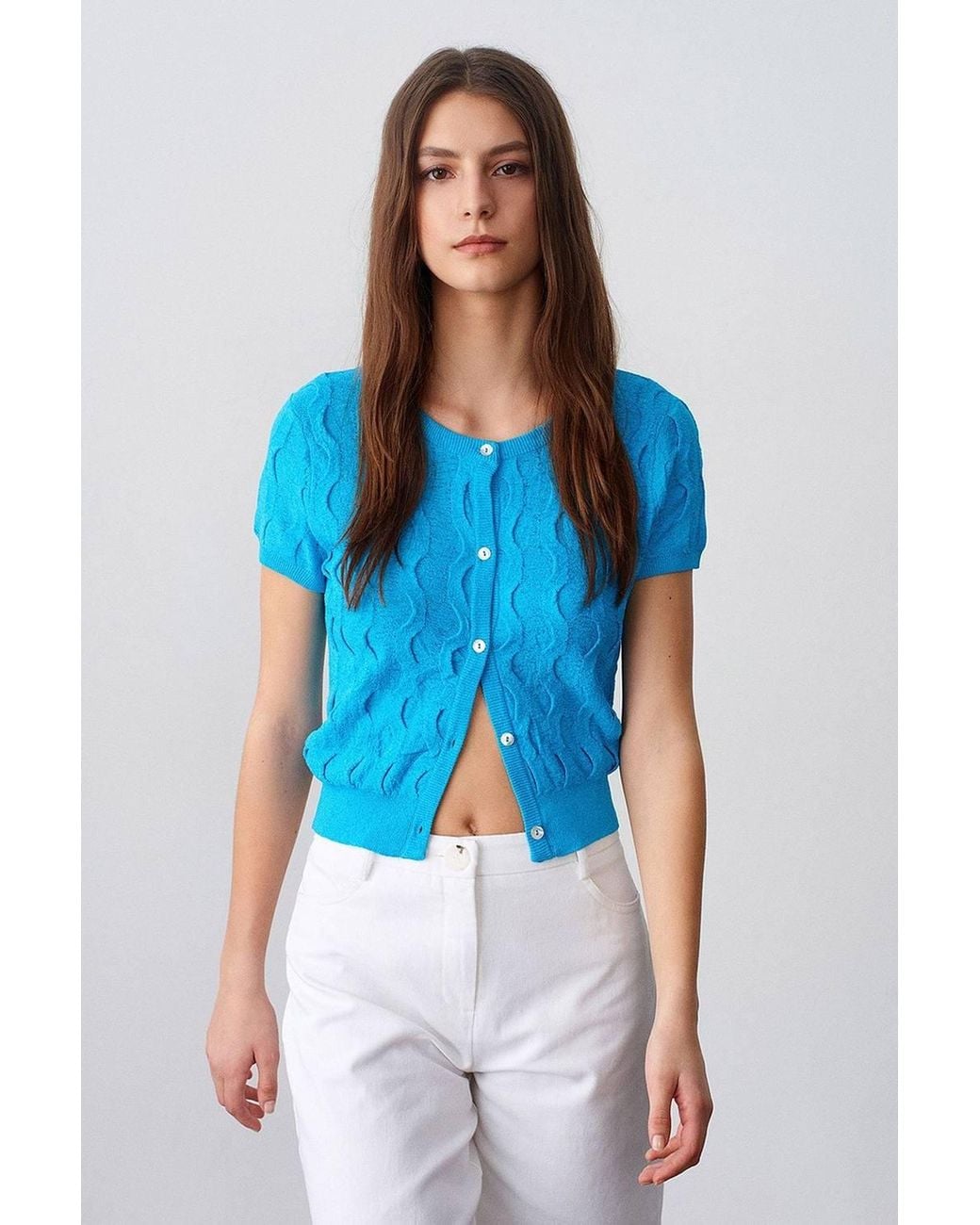 Dilvin Blue Cropped Jacquard Button Cardigan