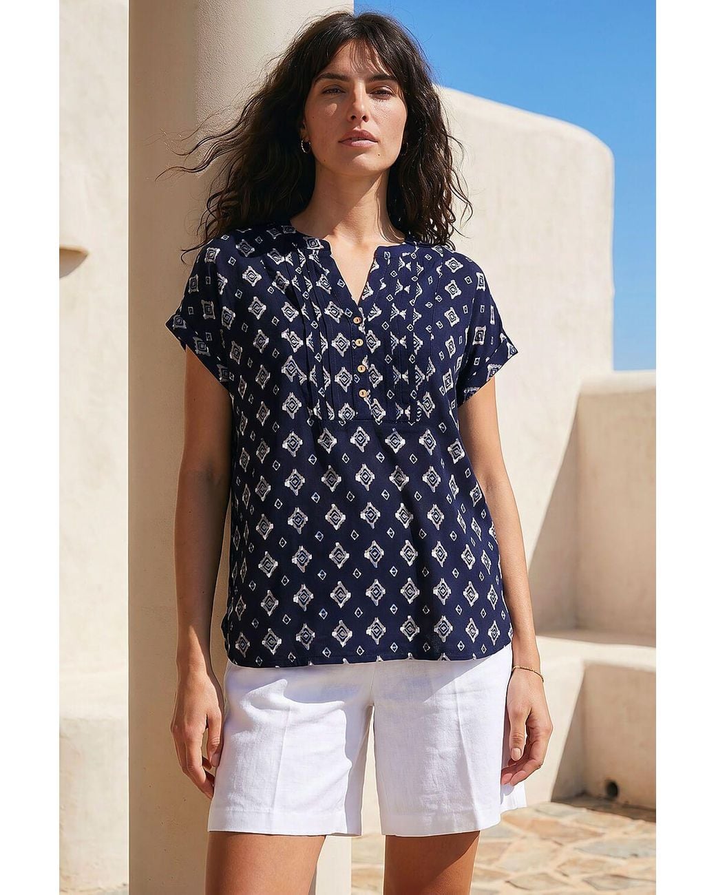 Roman Blue Aztec Print Button V-Neck Detail Top