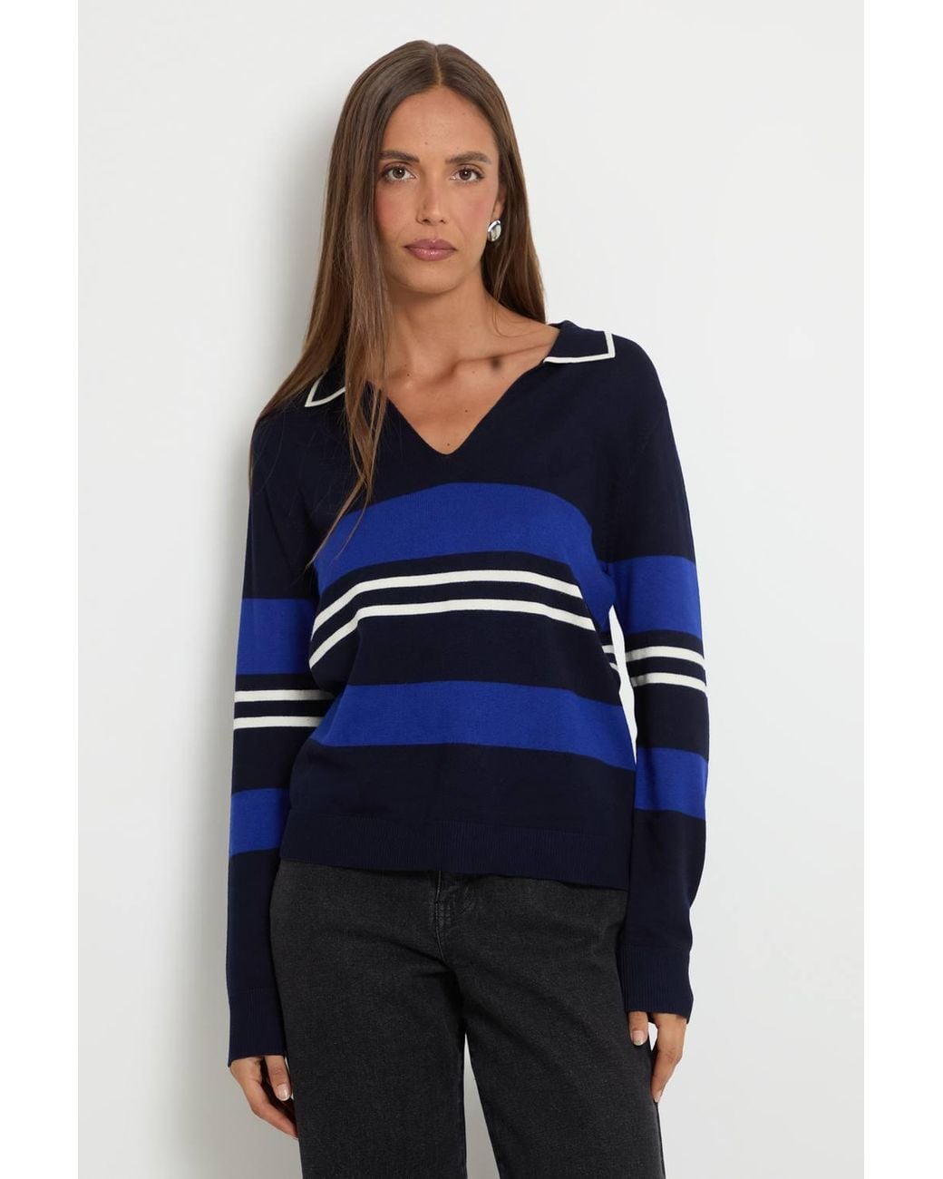 Wallis Blue Stripe Collared Knitted Top