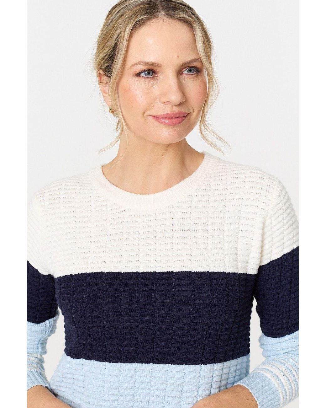 Izabel London Blue Colour Block Textured Curve Hem Jumper