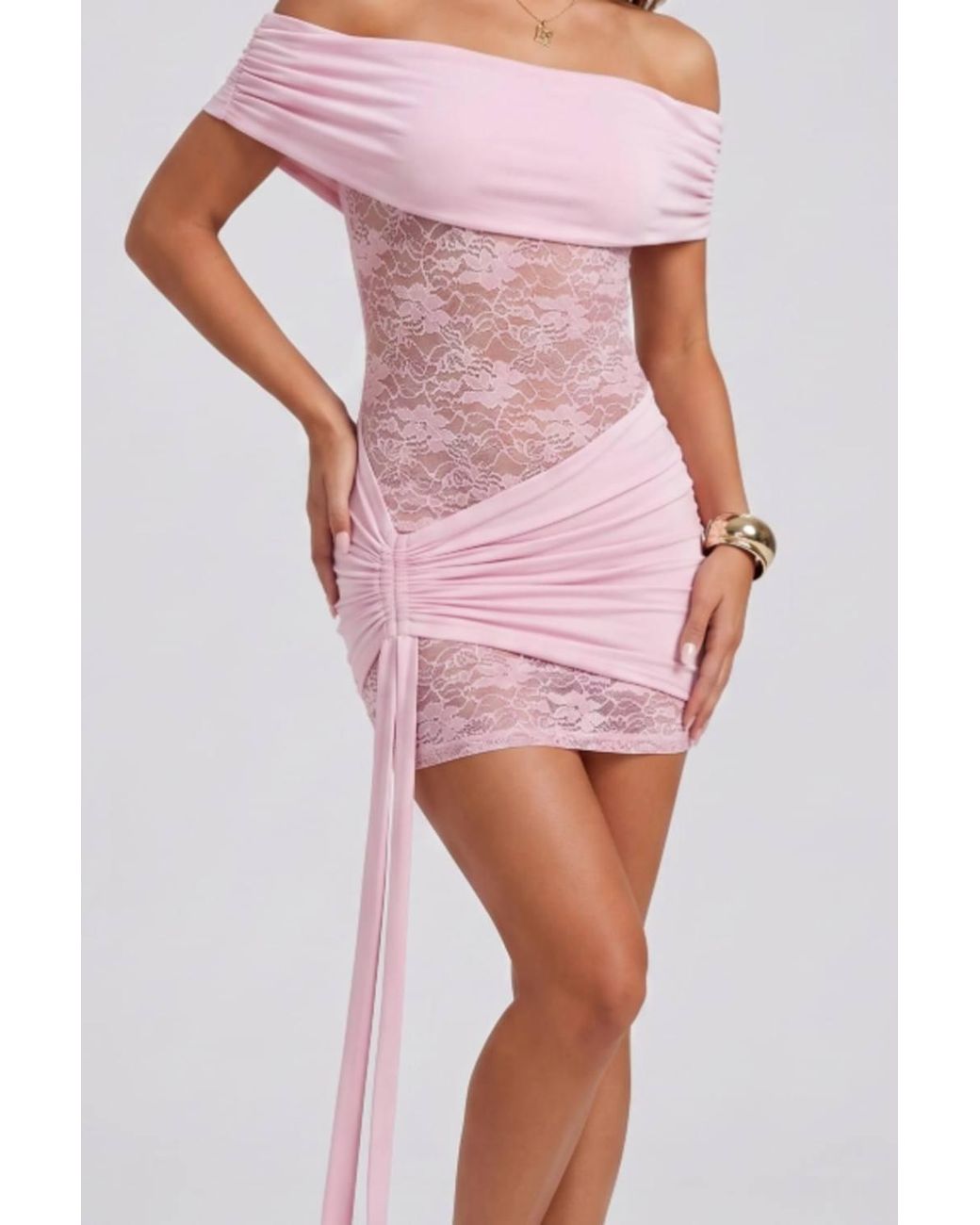 Stylewise Pink Off-Shoulder Lace Drape Detail Mini Dress