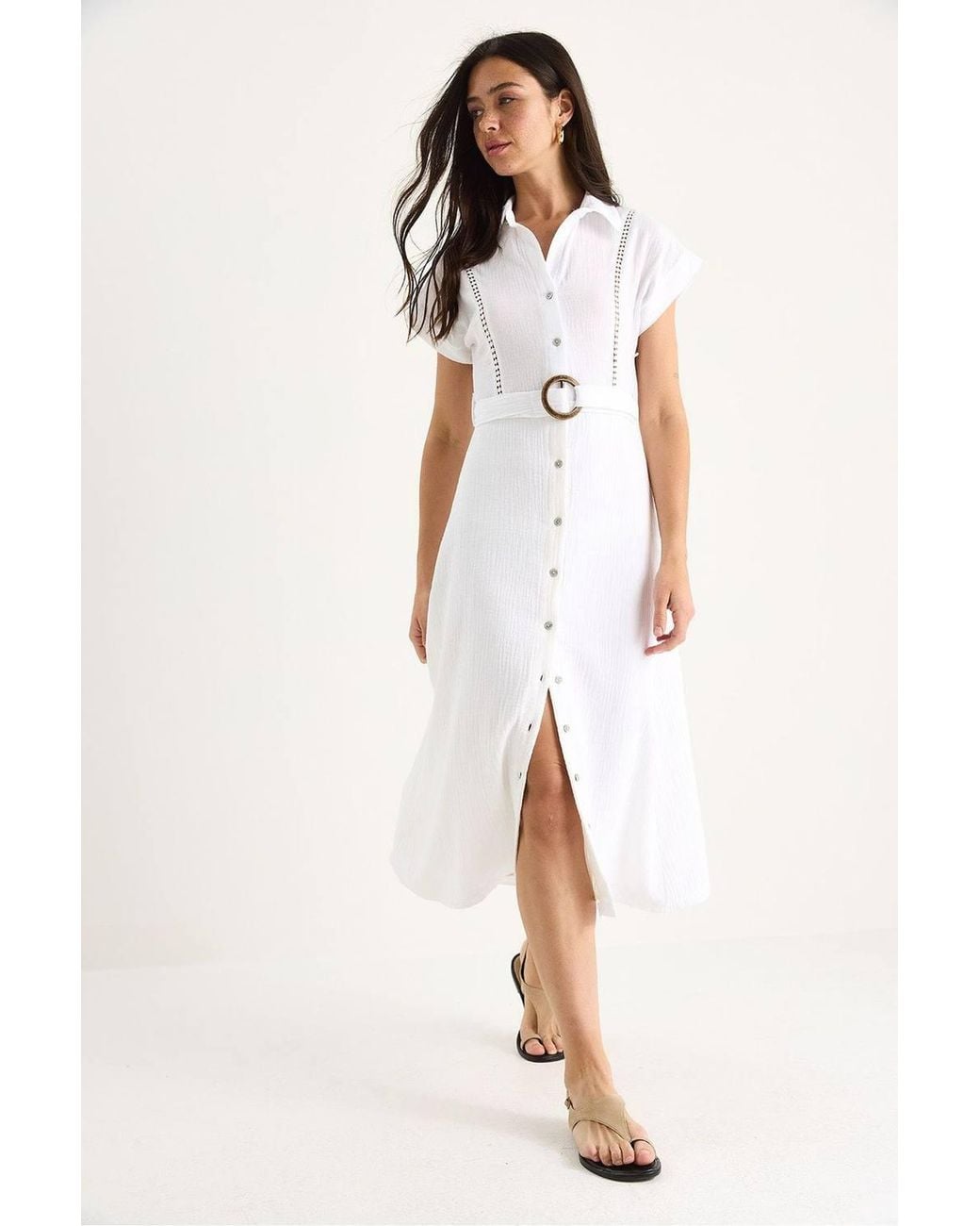 Bianco Lucci White Textured Cotton Midi Dress With Shirt Collar