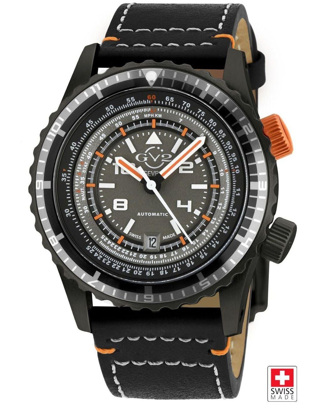 Gv2 Black Contasecondi, Swiss Automatic Watch, Dial, Unidirectional Bezel, Hand Made Italian Leather, & Sapphire Crystal for men