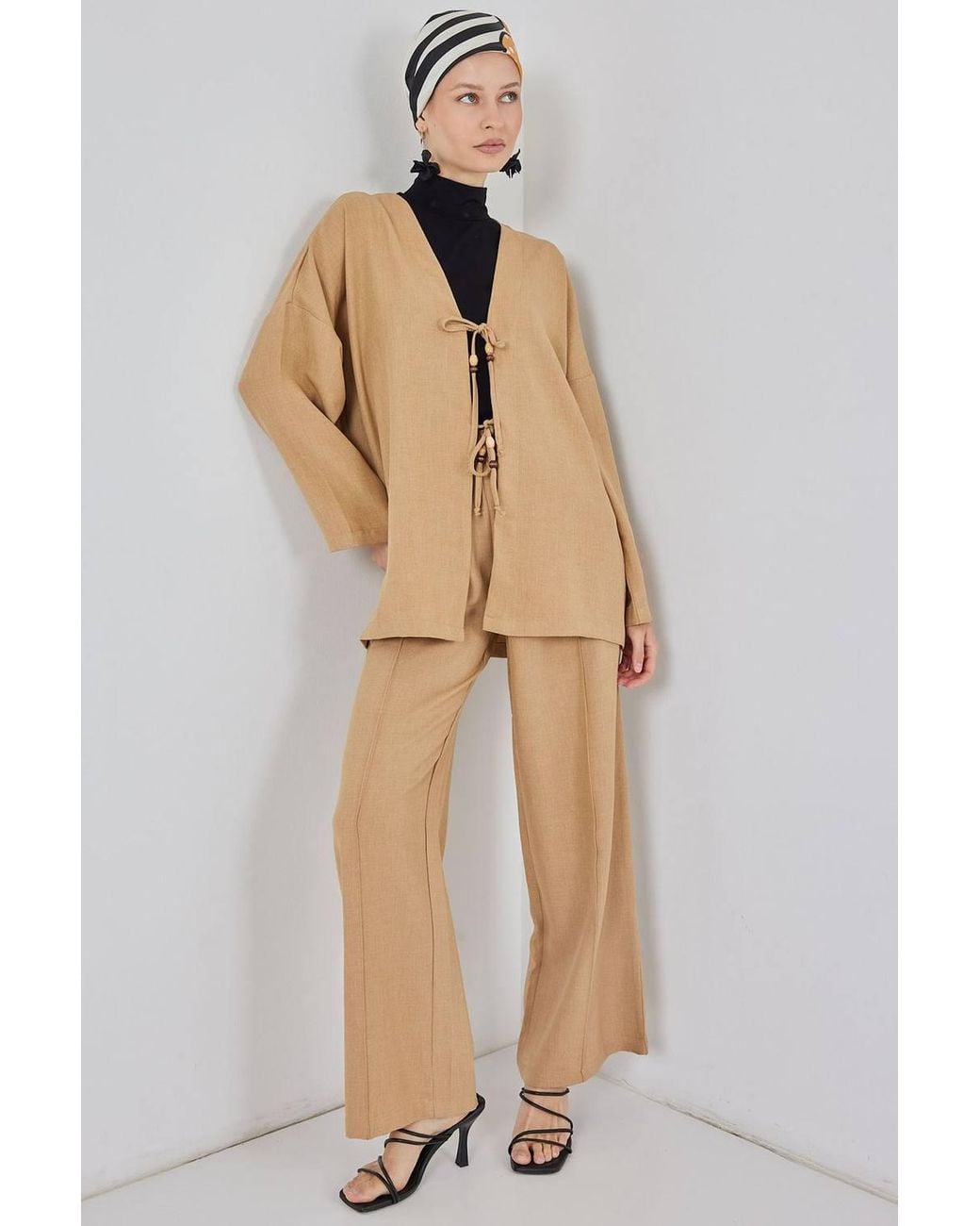 Bigdart Natural V-Neck Cardigan & Wide Leg Pants Set