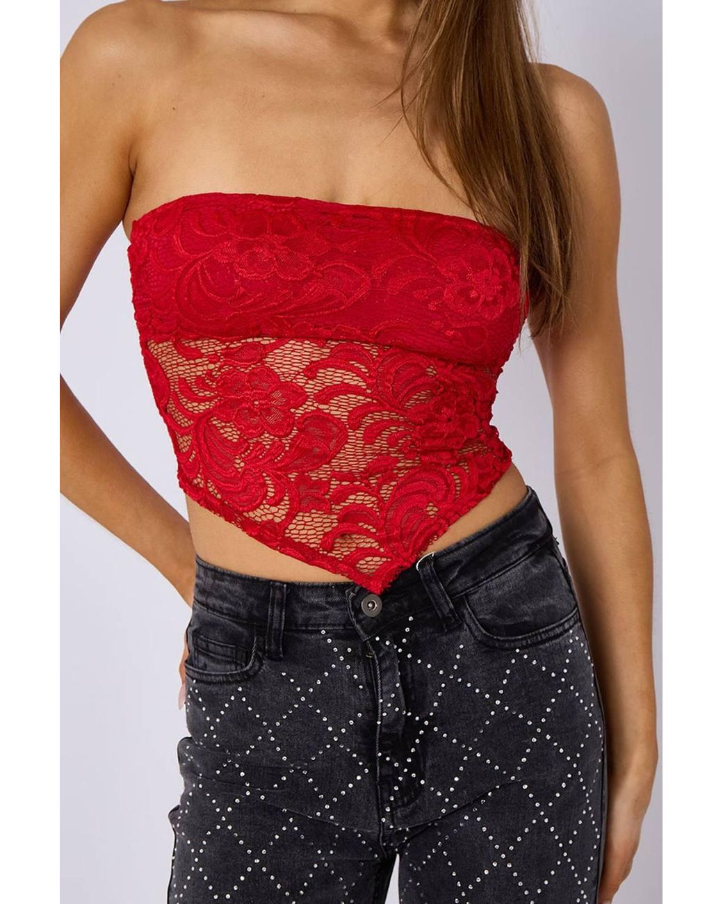 Stylewise Red Lace Bandeau Crop Top
