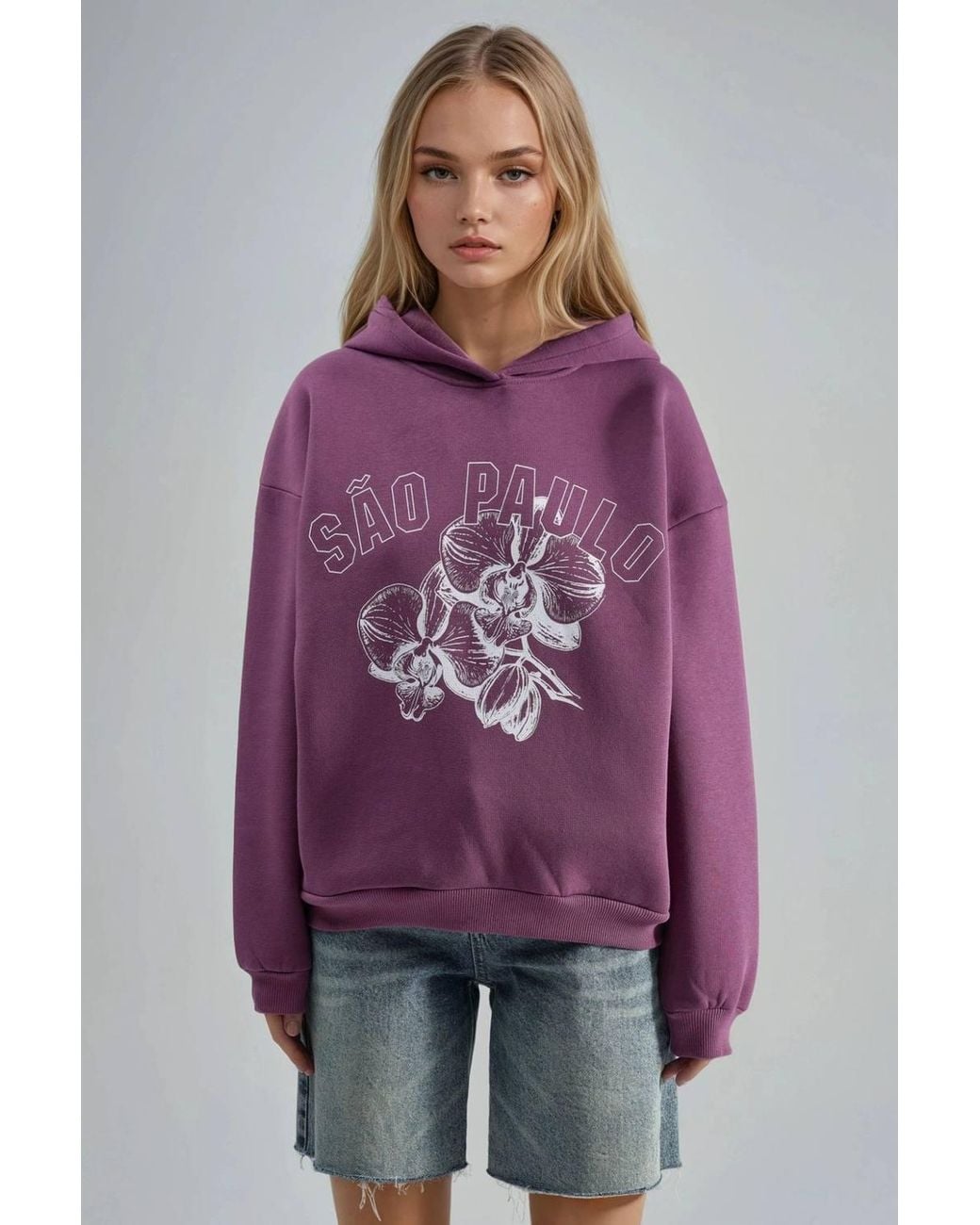 Busem Purple Oversized Printed Hooded Sweatshirt