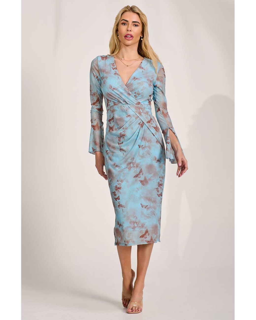 Jolie Moi Blue Long Sleeve Mesh Bodycon Dress