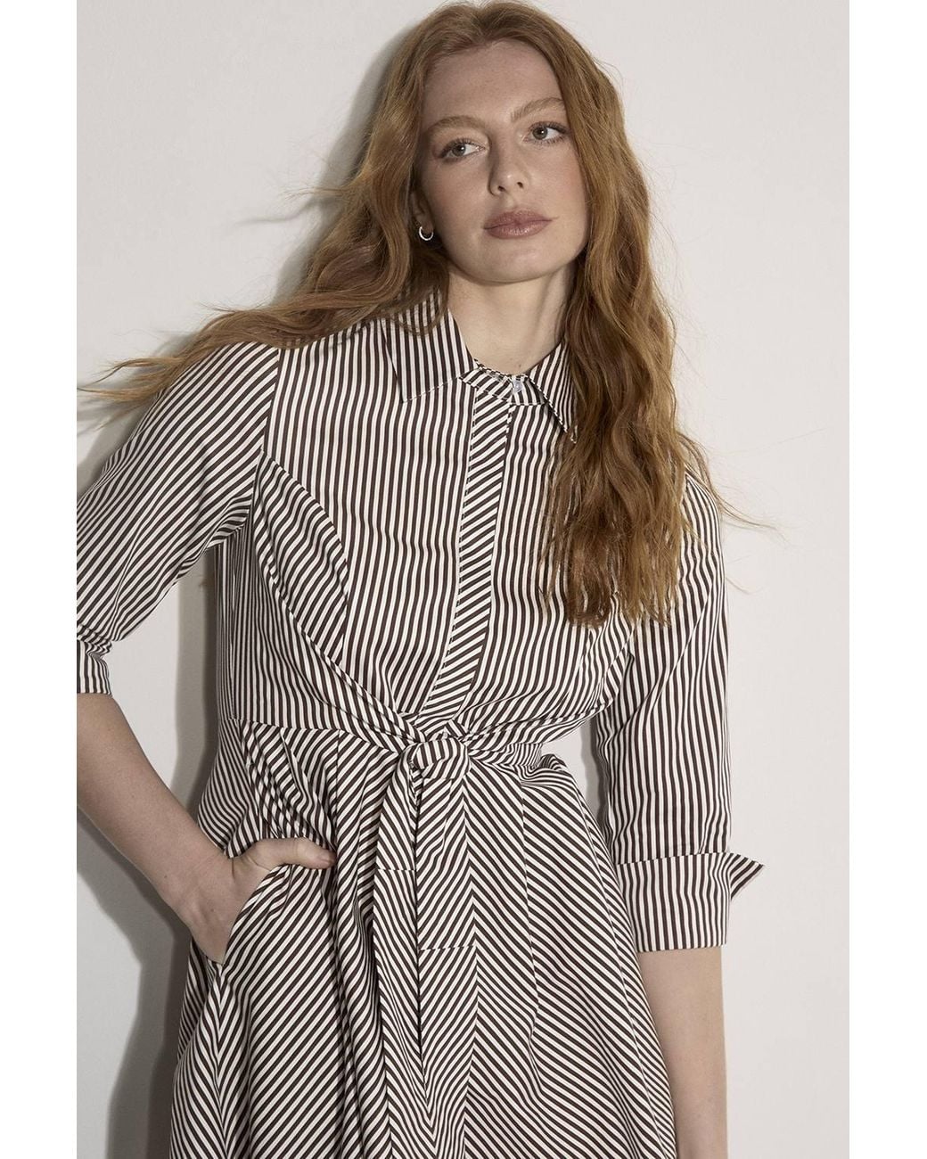 Apricot Brown Cotton Blend Stripe Shirt Mini Dress