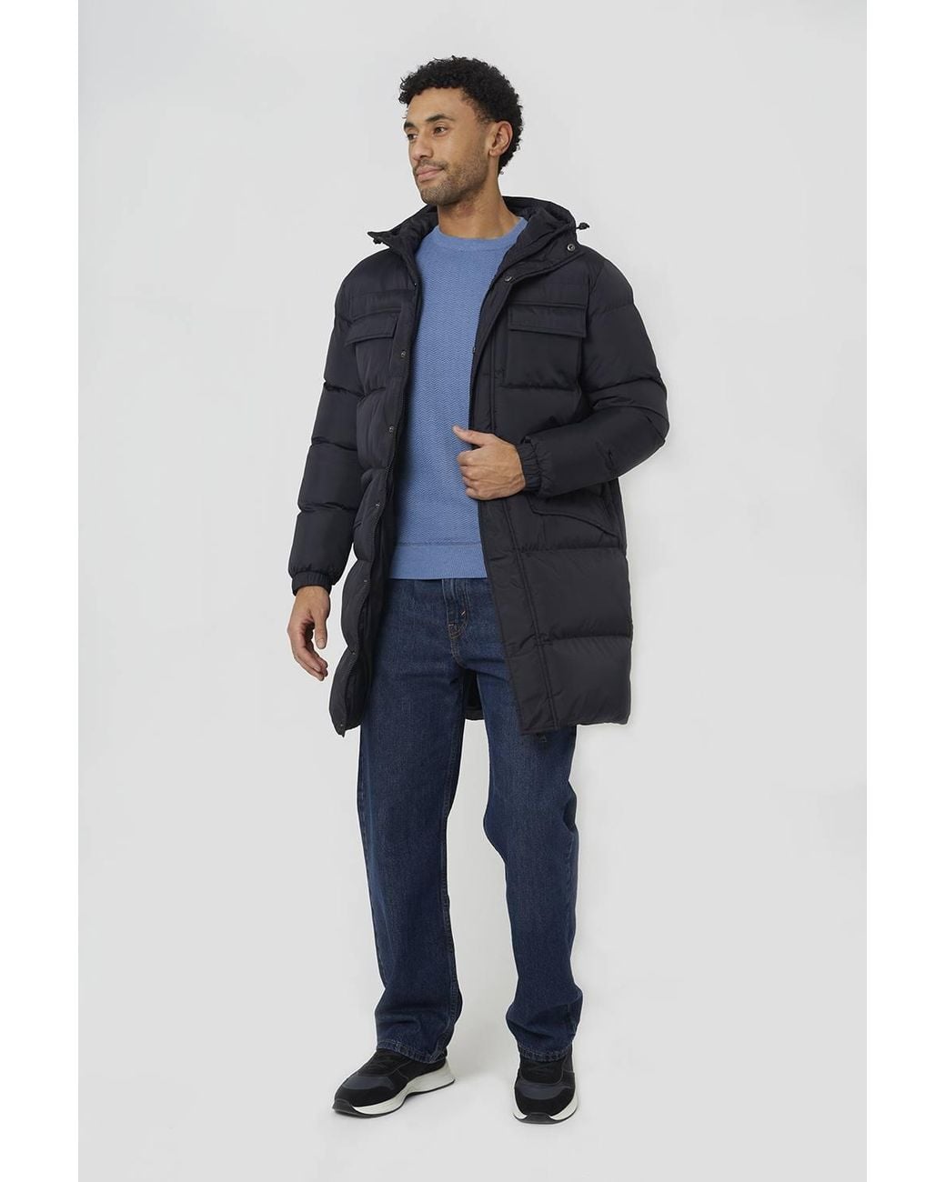 Brave Soul Blue Longline Hooded Padded Jacket With Patch Pockets for men