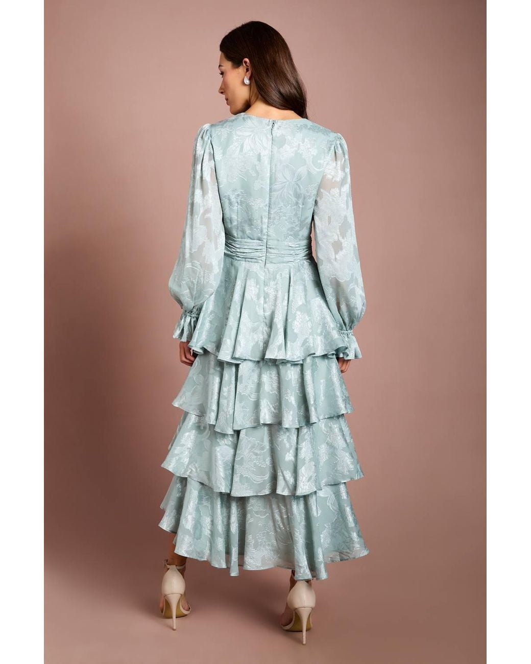 Coast Blue Satin Jacquard Tiered Blouson Sleeve Midi Dress