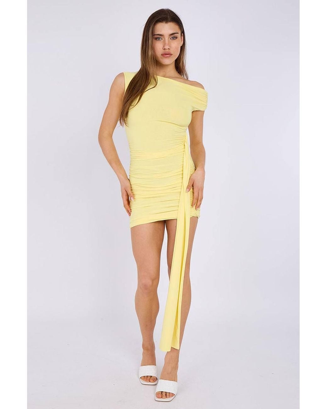 Stylewise Yellow Ruched Drape Detail Slinky Bodycon Midi Dress