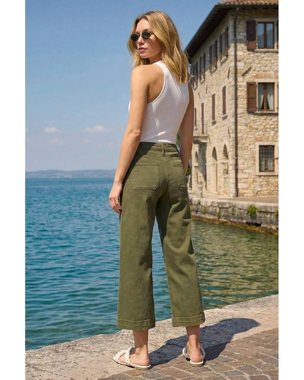 Roman Green Wide Leg Stretch Denim Cropped Culottes