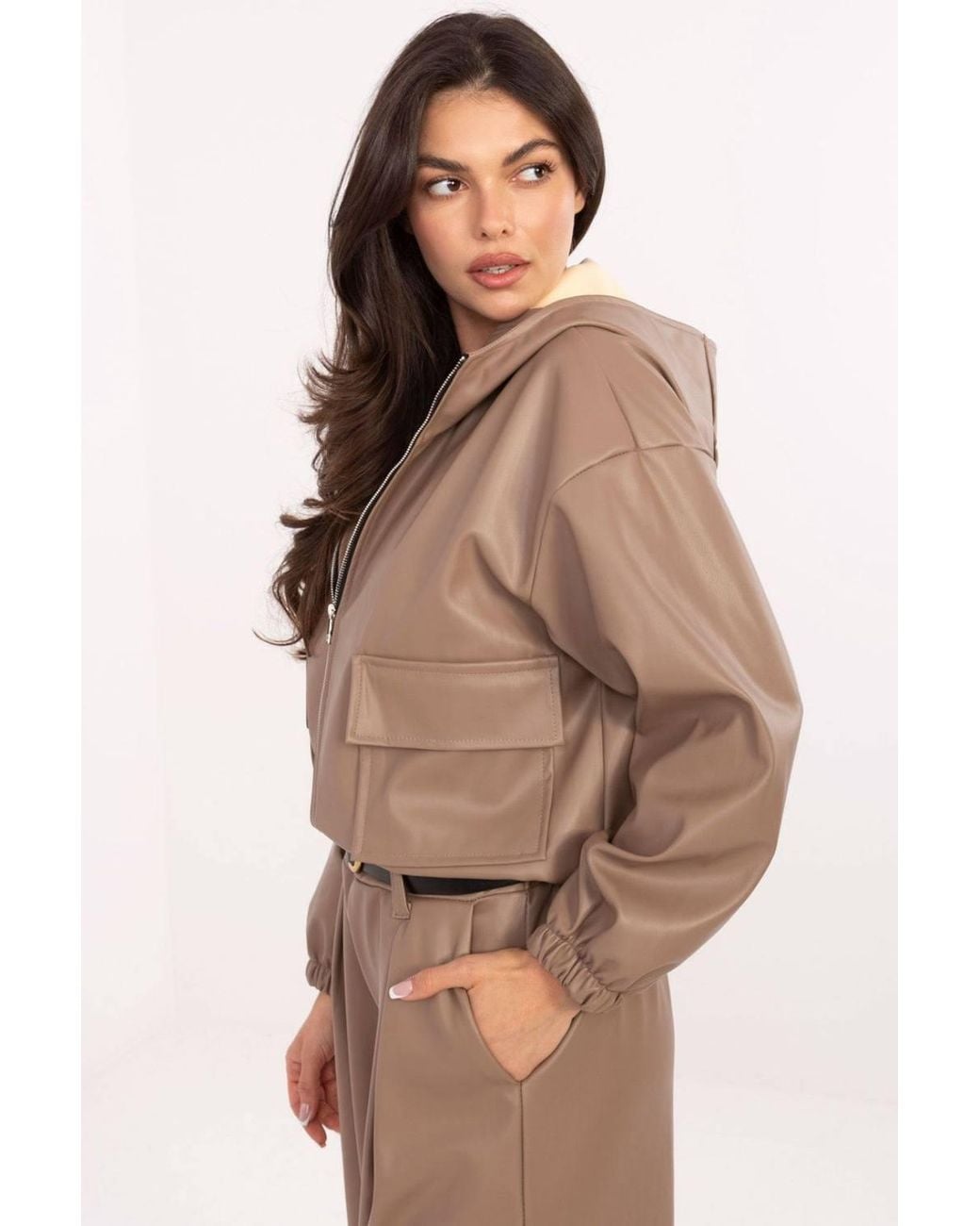 Love Lace Brown Stylish Short Zip Jacket With Flap Pockets