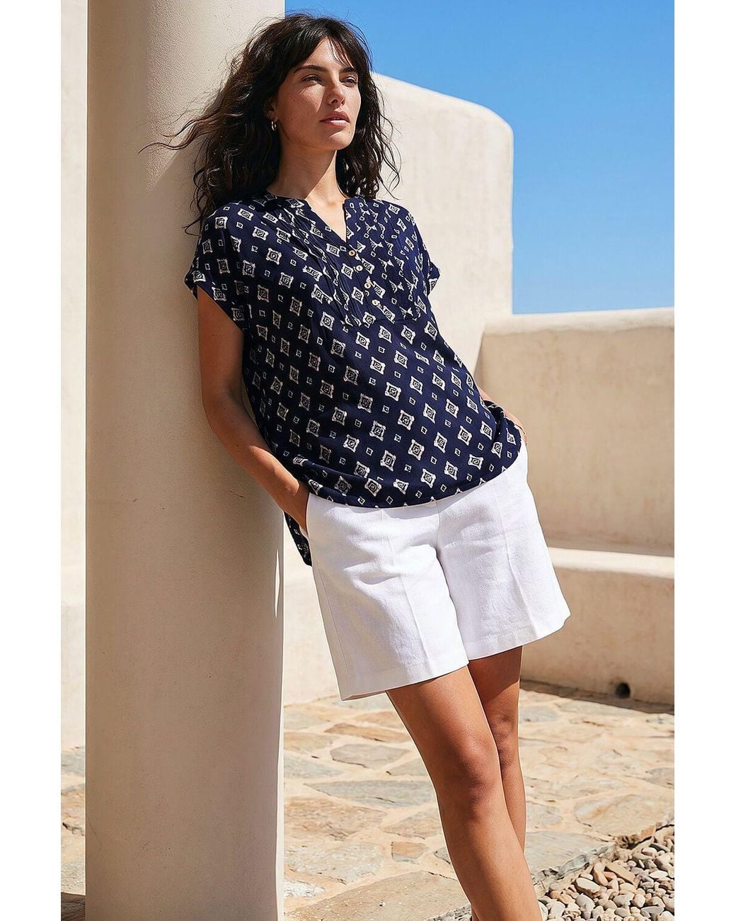 Roman Blue Aztec Print Button V-Neck Detail Top