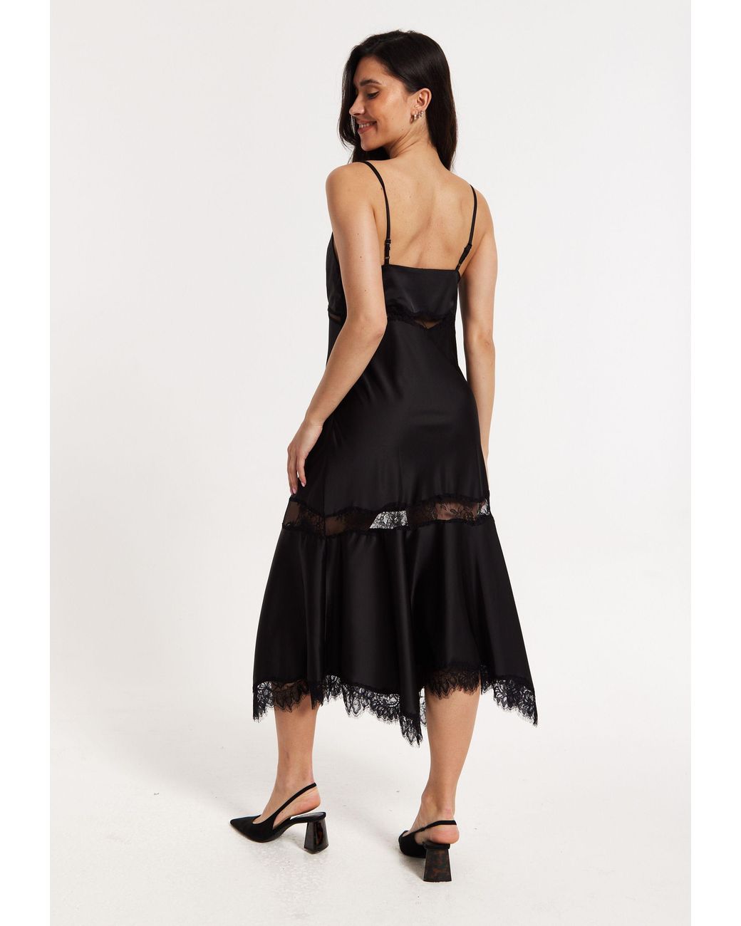 Liquorish Black Satin Lace Midi Slip Dress