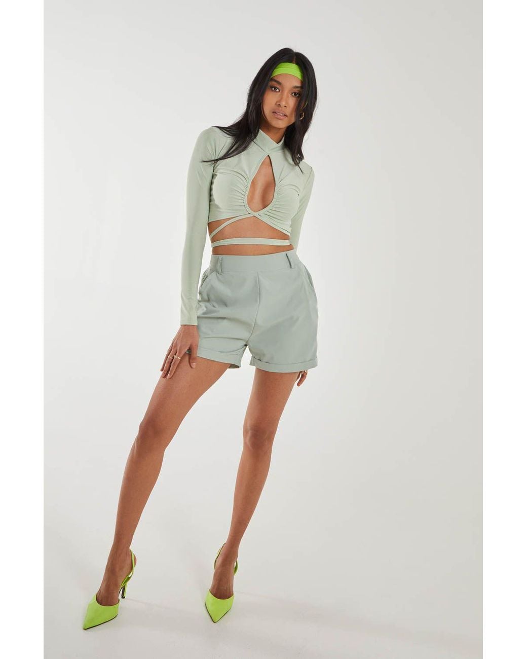 Pink Vanilla Green Keyhole Tie Front Long Sleeve Top