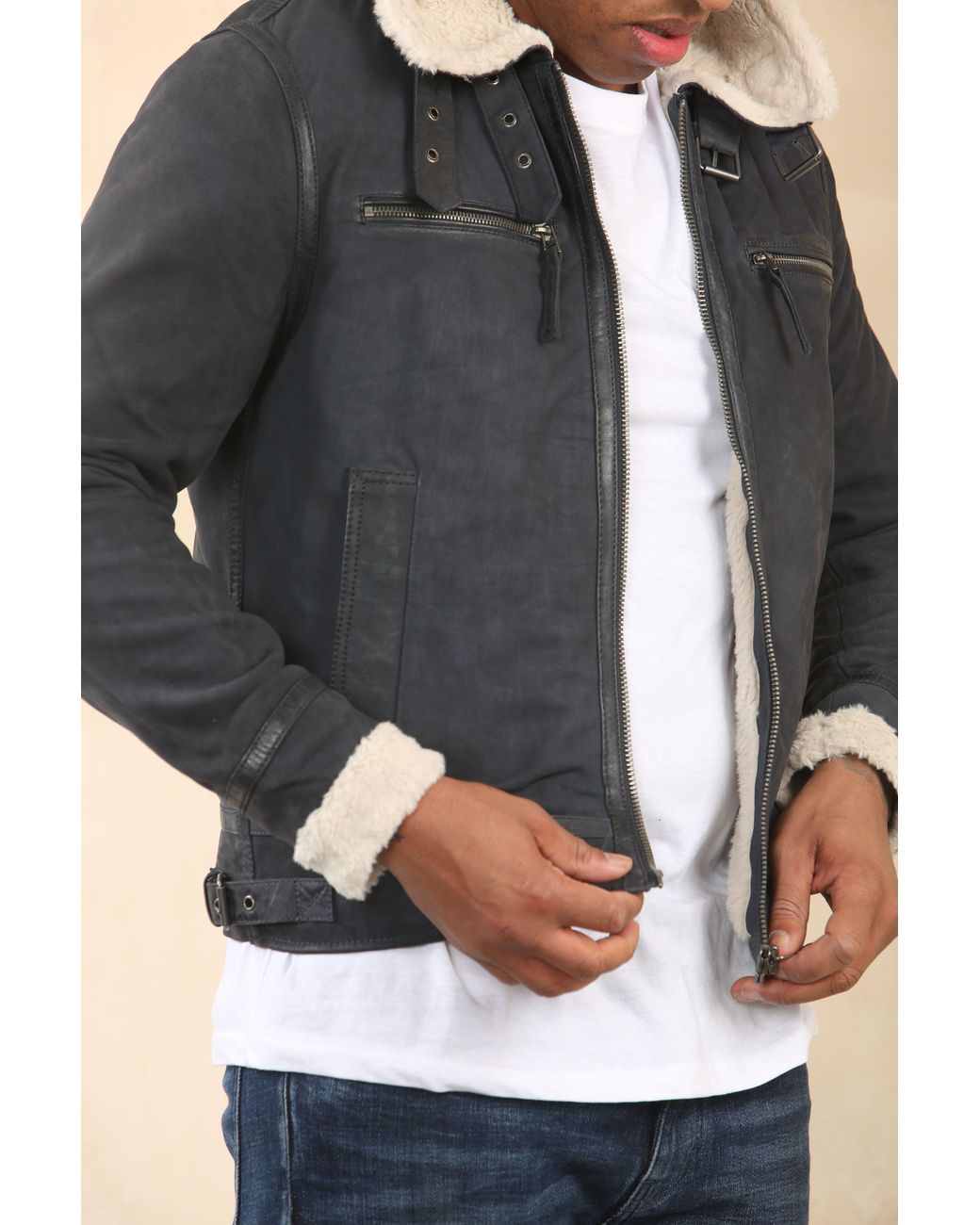 TruClothing Gray Suede Pilot Aviator Leather Jacket for men
