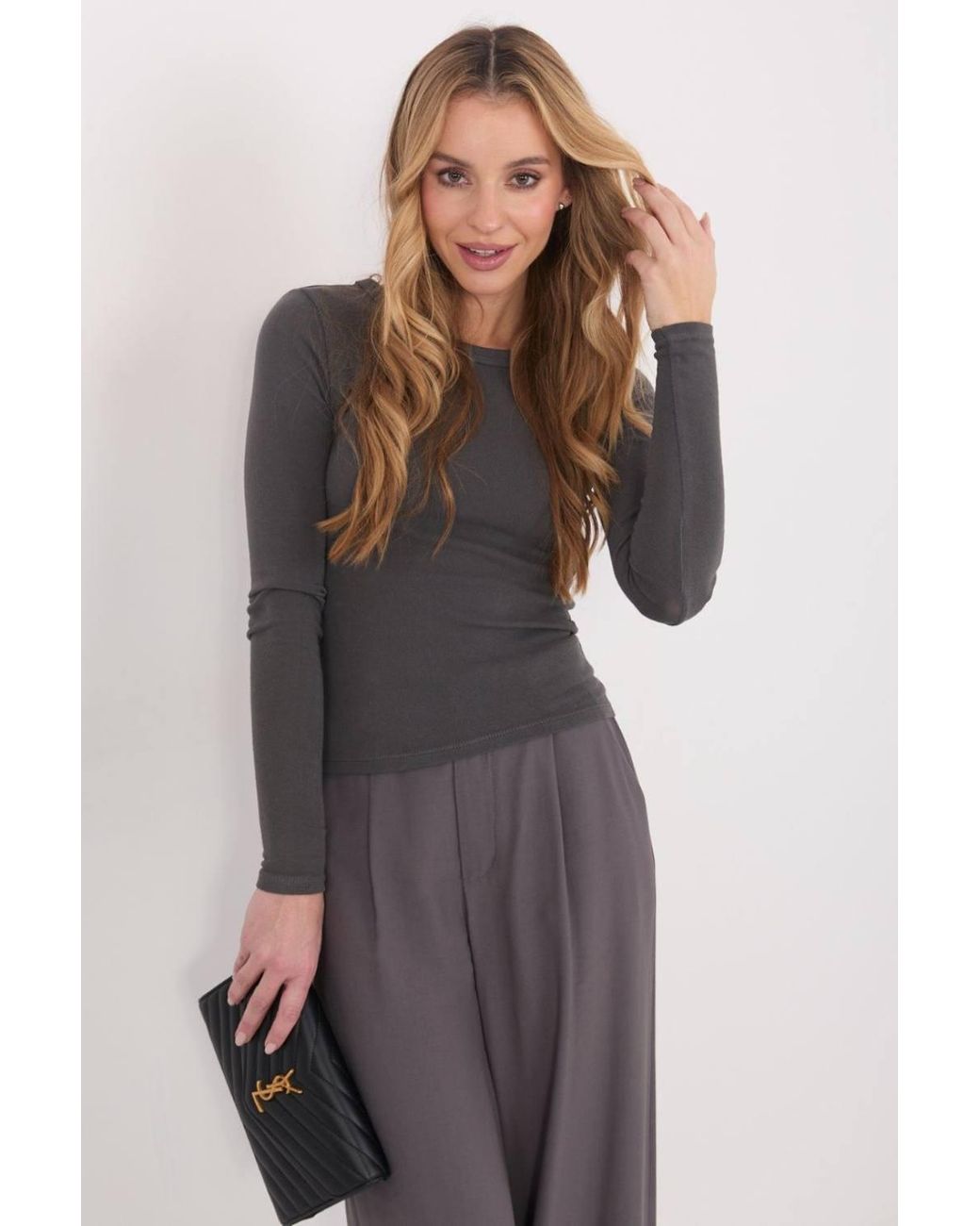Love Lace Gray Office Cotton Round Neck Long Sleeve Shirt