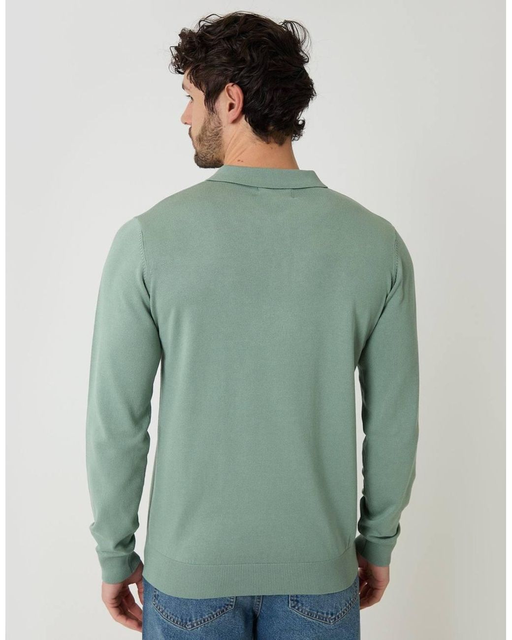 Threadbare Green Knitted Long Sleeve Polo Jumper for men