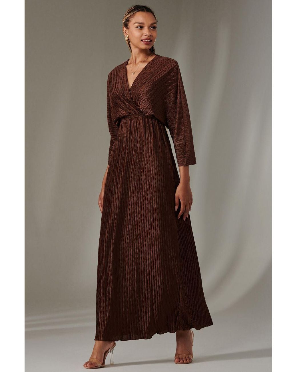 Jolie Moi Brown Ruffle Hem Chiffon Midi Dress