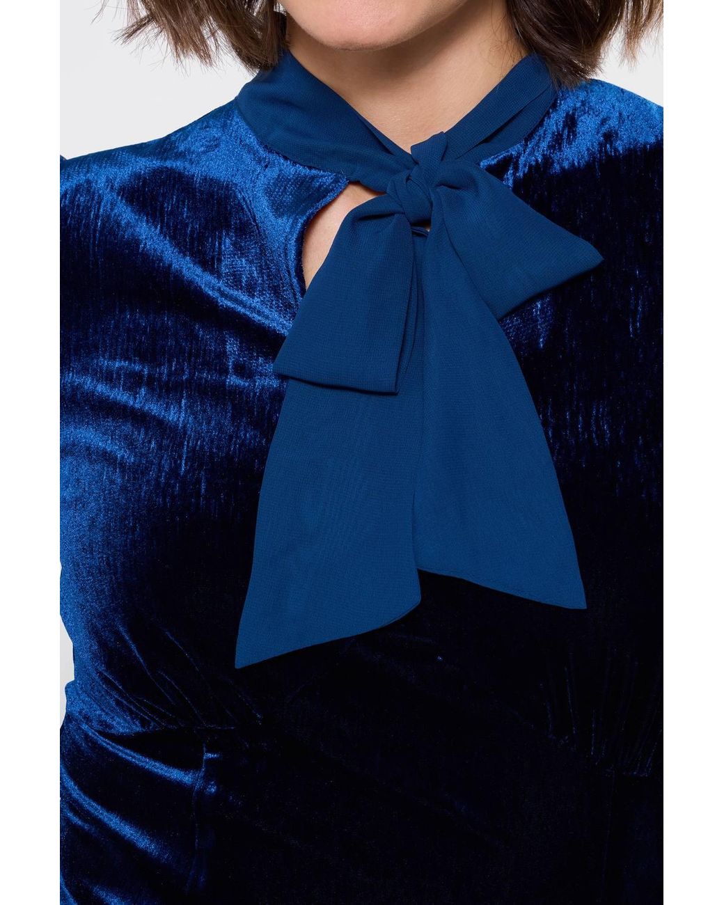 Joe Browns Blue Velour Tie Neck Top With Woven Sleeve