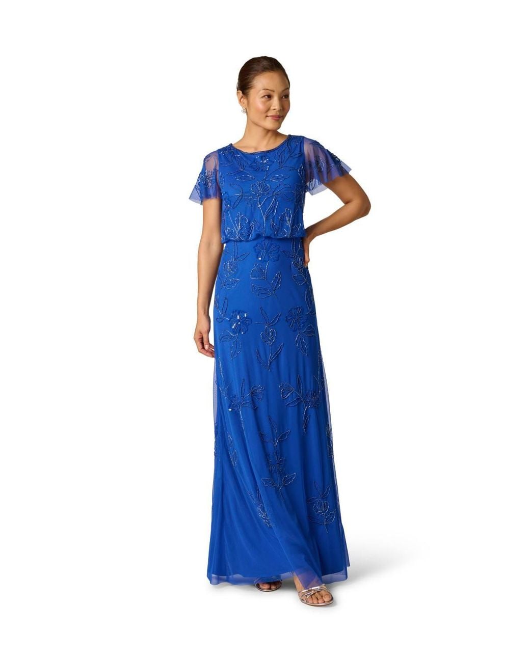 Adrianna Papell Blue Bead Blouson Long Dress