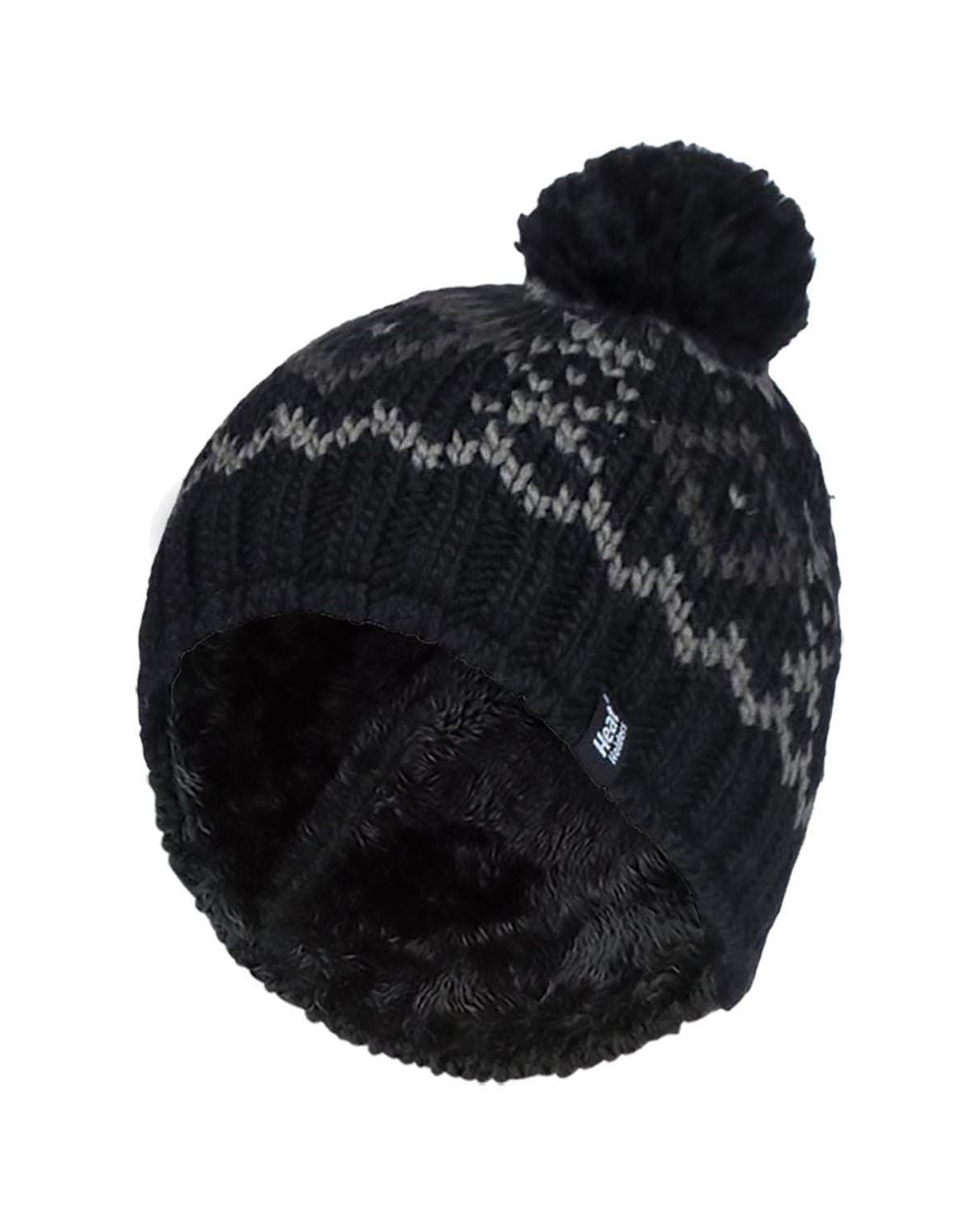 Heat Holders Black Fleece Lined Thermal Winter Warm Beanie Bobble Hat With Pom Pom for men