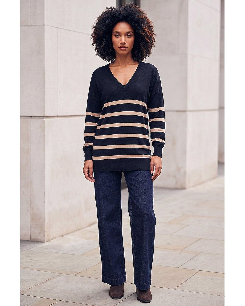 Roman Blue Stripe V-Neck Boyfriend Knit Jumper