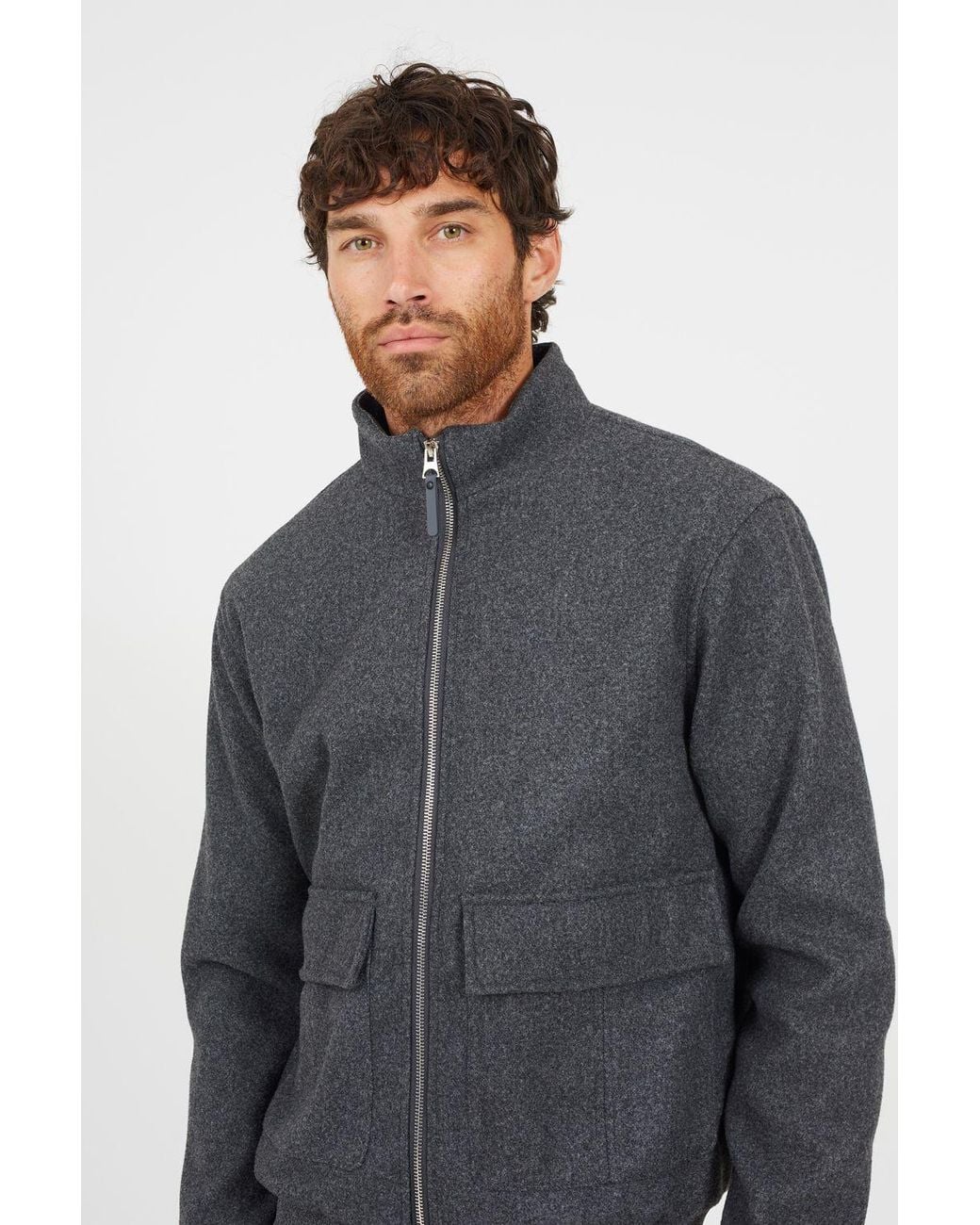 Brave Soul Gray Faux Wool Funnel Neck Bomber Style Jacket for men