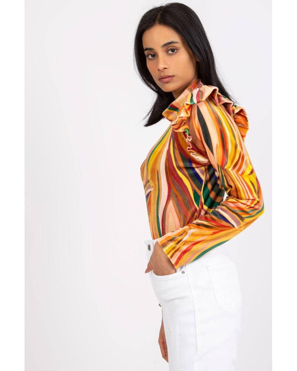 Love Lace Orange Velvet Long Sleeve Blouse With Ruffles