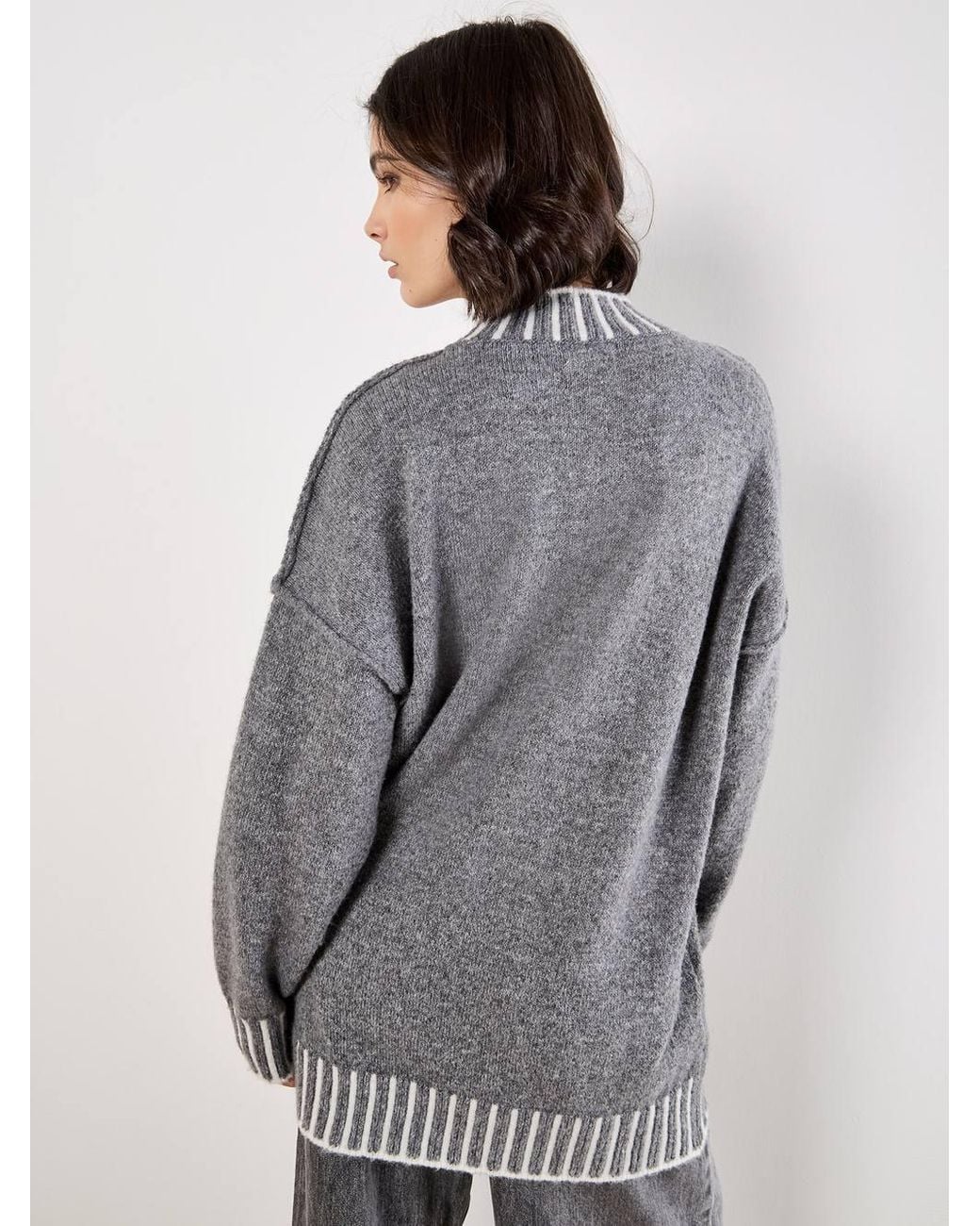 Apricot Gray Stripe Trim Mock Neck Oversized Jumper