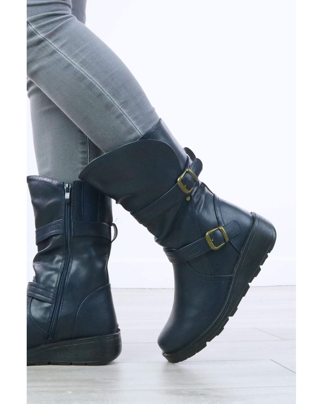 AJVANI Blue Low Wedge Biker Comfort Calf Boots