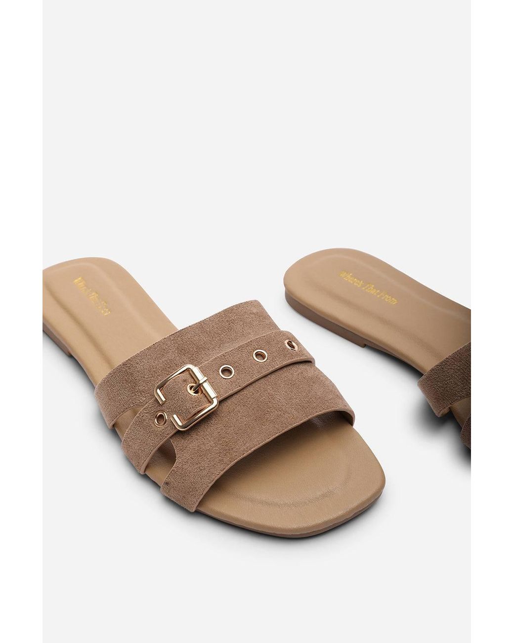 Where's That From Brown 'Alvita' Buckle Slide On Flat Suede Sandal
