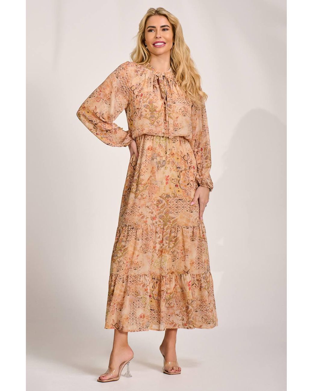 Jolie Moi Orange Chiffon Long Sleeve Tiered Maxi Dress