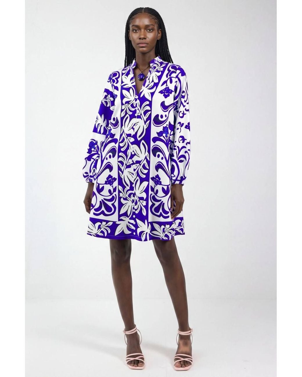 Msn-Collection Blue Floral V-Neck Mini Shirt Dress With Belt