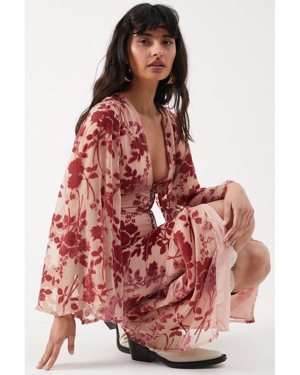 Warehouse Velvet Plunge Neck Flared Sleeve Button Through Midi Dress