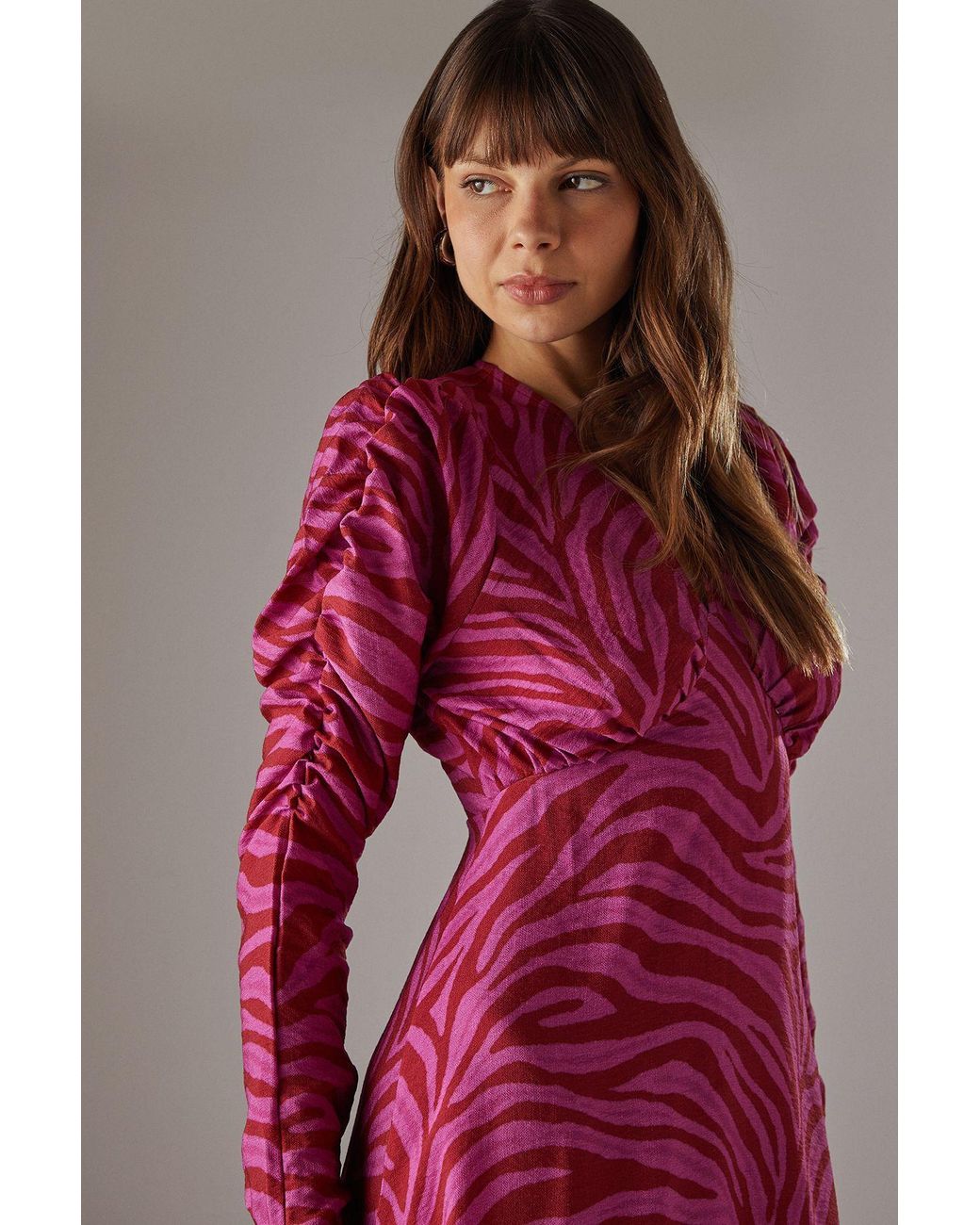 Warehouse Pink Zebra Print Viscose V Neck Long Puff Sleeve Midi Dress