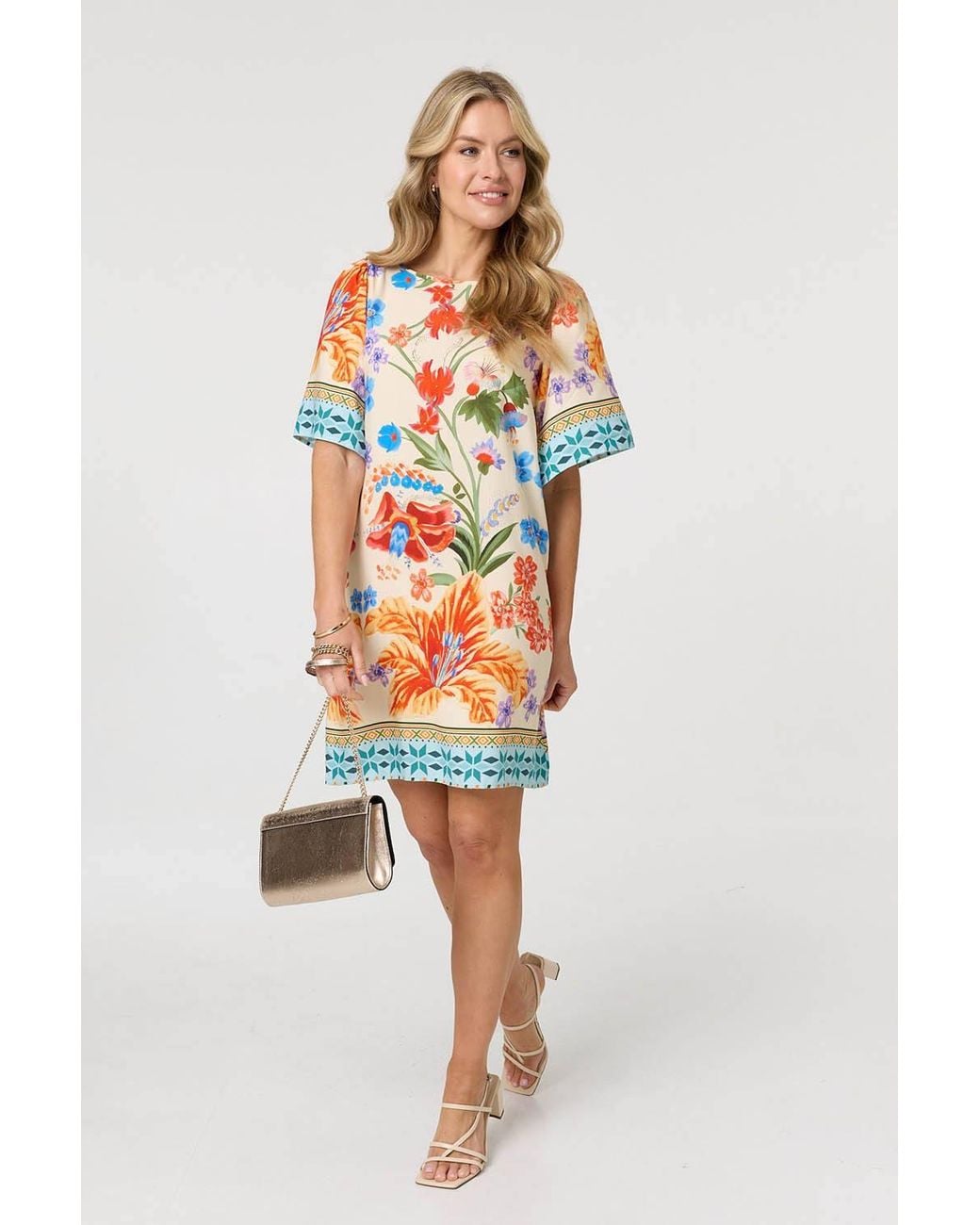Izabel London Orange Floral Border Print Short Shift Dress