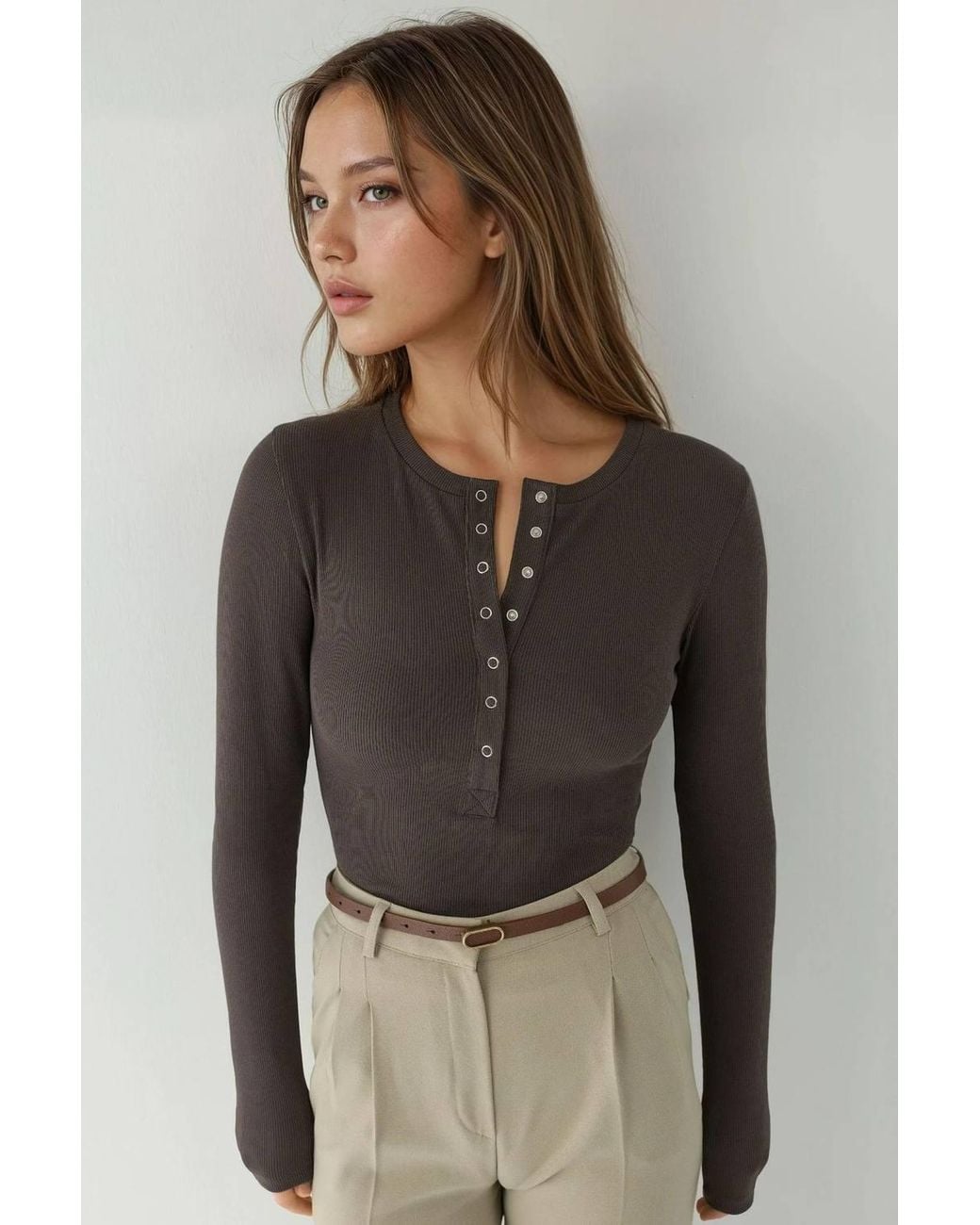 Hiccup Gray Ribbed Snap Button Knitted Top