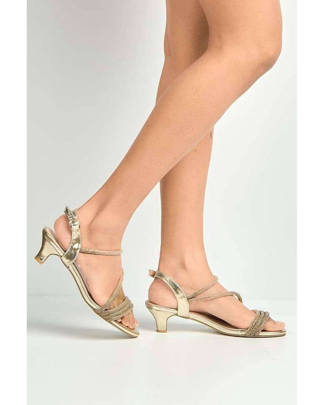Miss Diva Metallic Elena Diamante Embellished Band Low Heel Strappy Sandals